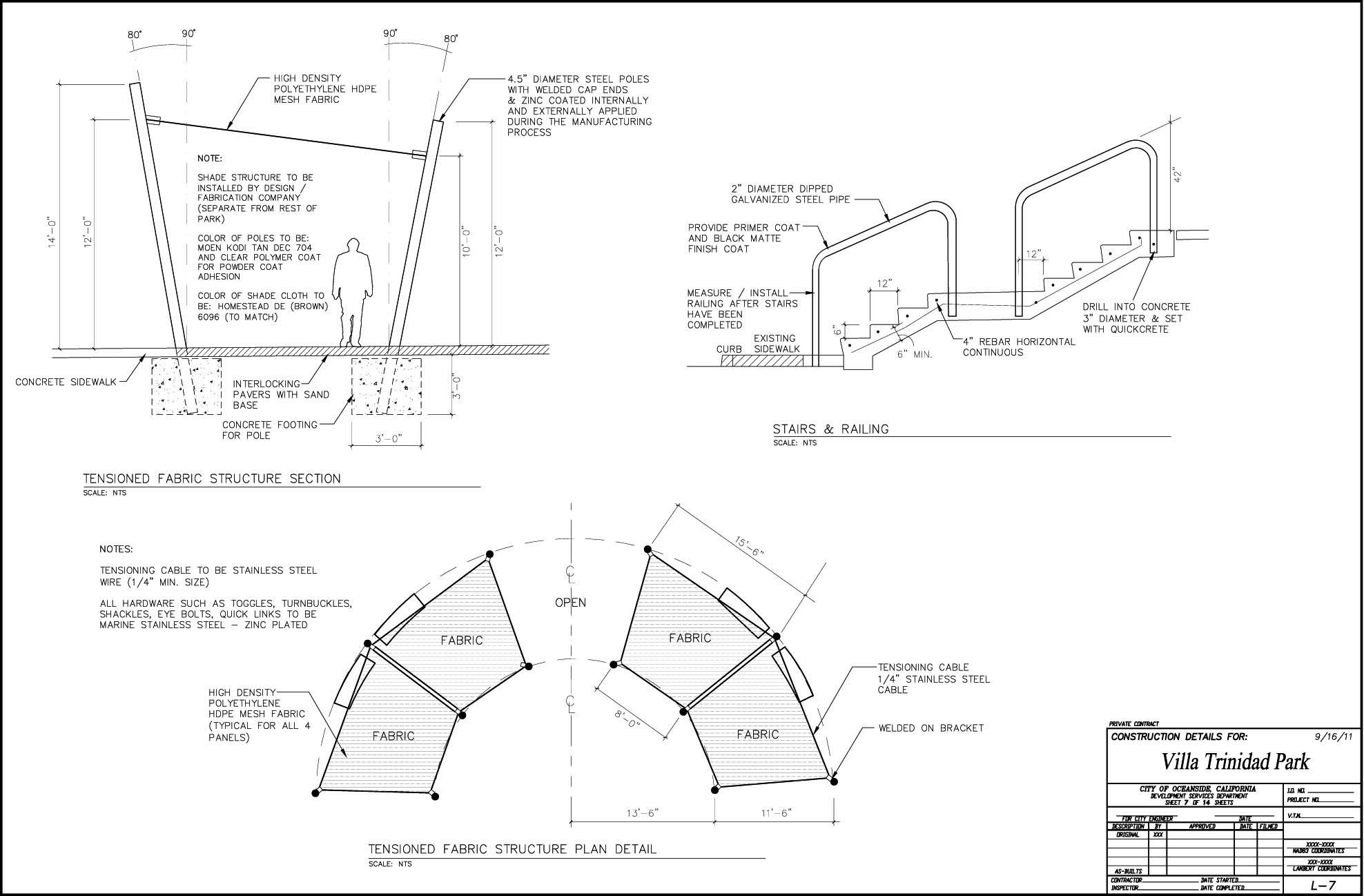 Villa Trinidad Park construction details — tensioned fabric structure, stairs & railing